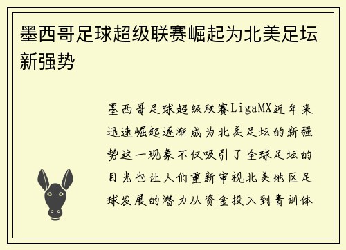 墨西哥足球超级联赛崛起为北美足坛新强势 墨西哥足球超级联赛崛起为北美足坛新强势