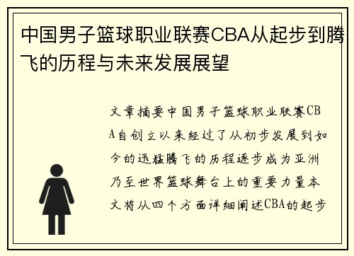 中国男子篮球职业联赛CBA从起步到腾飞的历程与未来发展展望