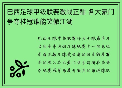 巴西足球甲级联赛激战正酣 各大豪门争夺桂冠谁能笑傲江湖