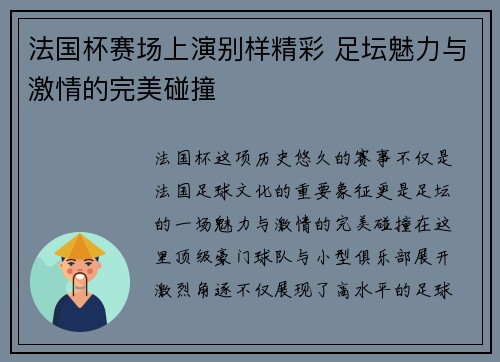 法国杯赛场上演别样精彩 足坛魅力与激情的完美碰撞