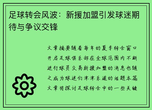 足球转会风波：新援加盟引发球迷期待与争议交锋